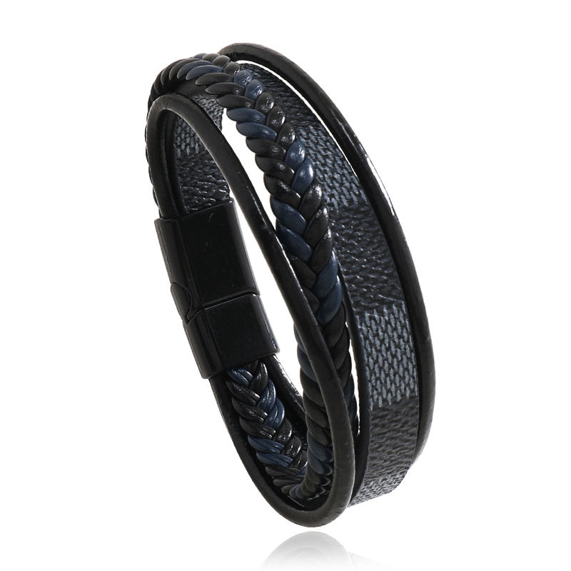 New Men's Authentic Leather Weave Striped Alloy Magnetic Buckle Multi-layer Leather Bangle Bracelet