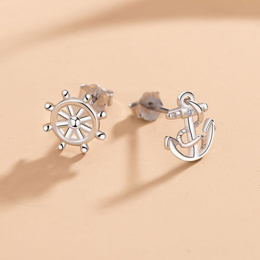 925 Silver Ear Nail Female Fashion Ship Anchor Rudder Asymmetry