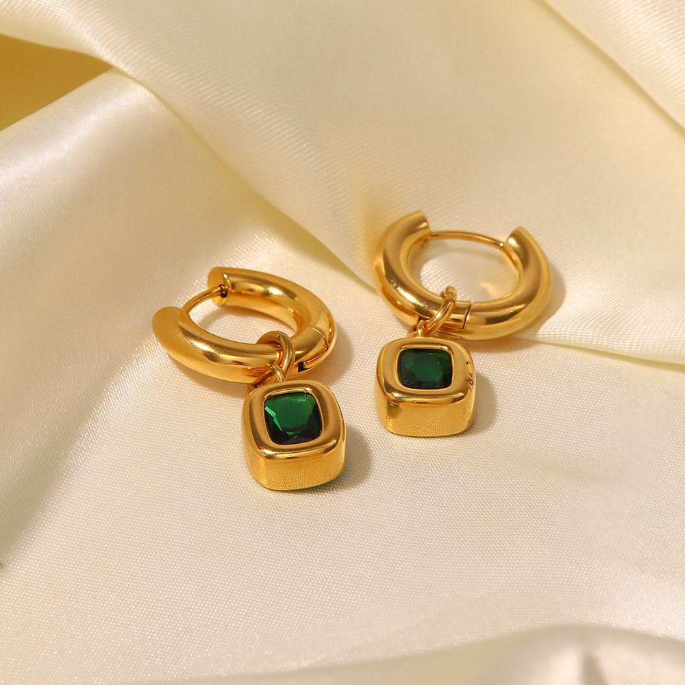 Women's Fashionable And Versatile Green Zirconia Stainless Steel Dangle Earrings