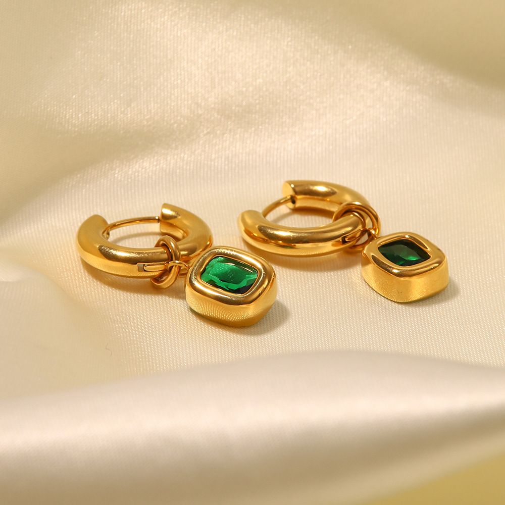 Women's Fashionable And Versatile Green Zirconia Stainless Steel Dangle Earrings