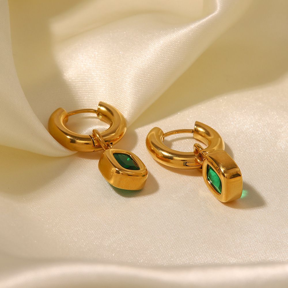 Women's Fashionable And Versatile Green Zirconia Stainless Steel Dangle Earrings