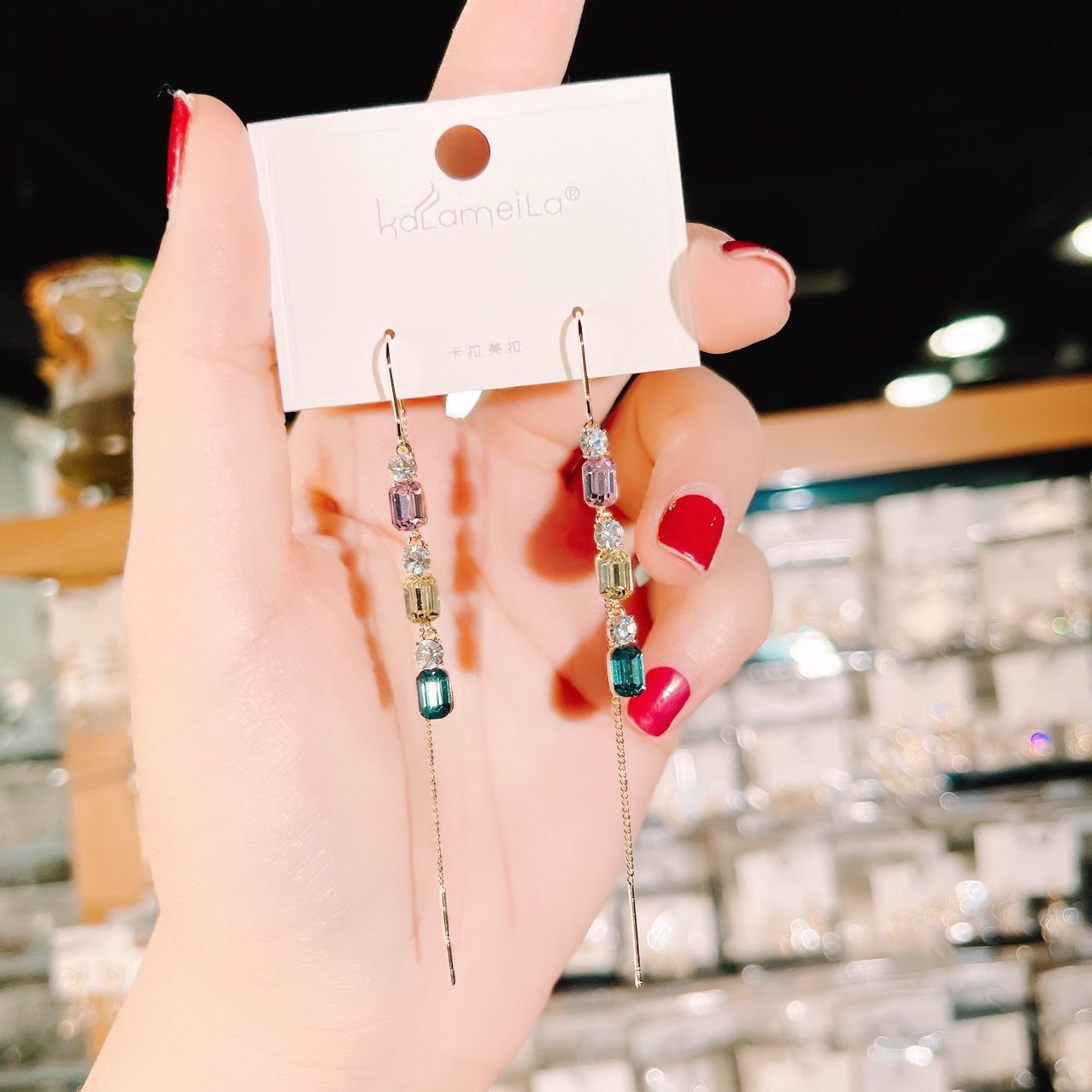 Earring Colored Diamond-encrusted Geometric Tassel Anti-ear-dropping Line Female